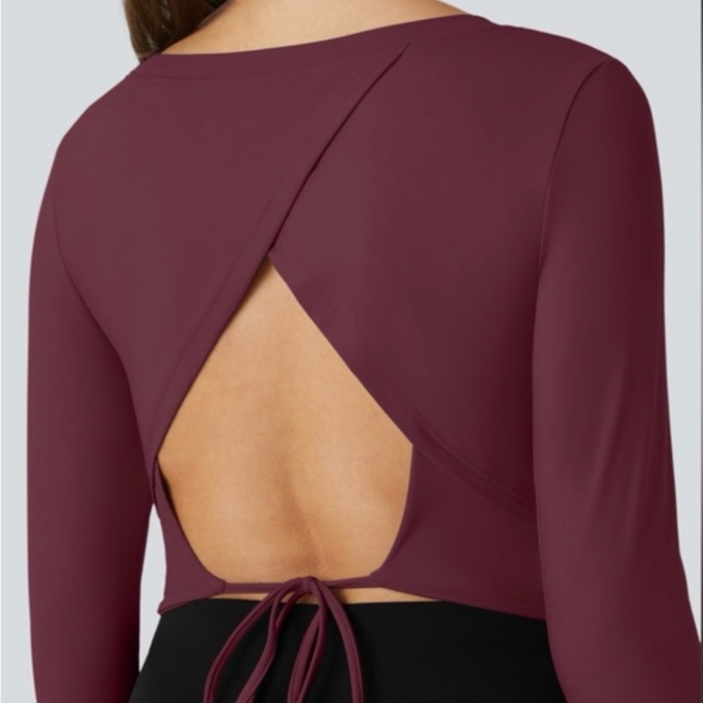 HALARA Burgundy Long Sleeve Cut Out Tie Back Cropped